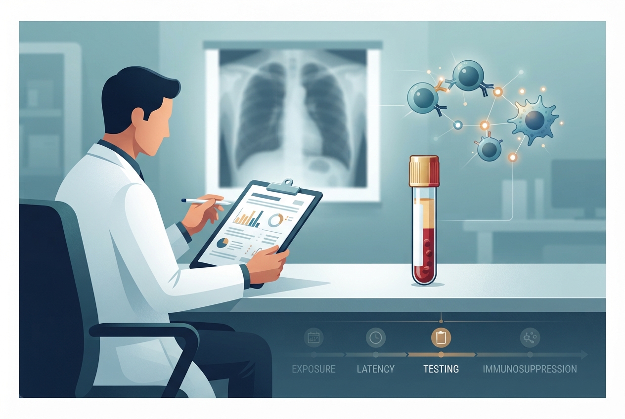 Editorial illustration of a clinician reviewing a negative TB blood test while considering immune status, exposure timing, and further evaluation.
