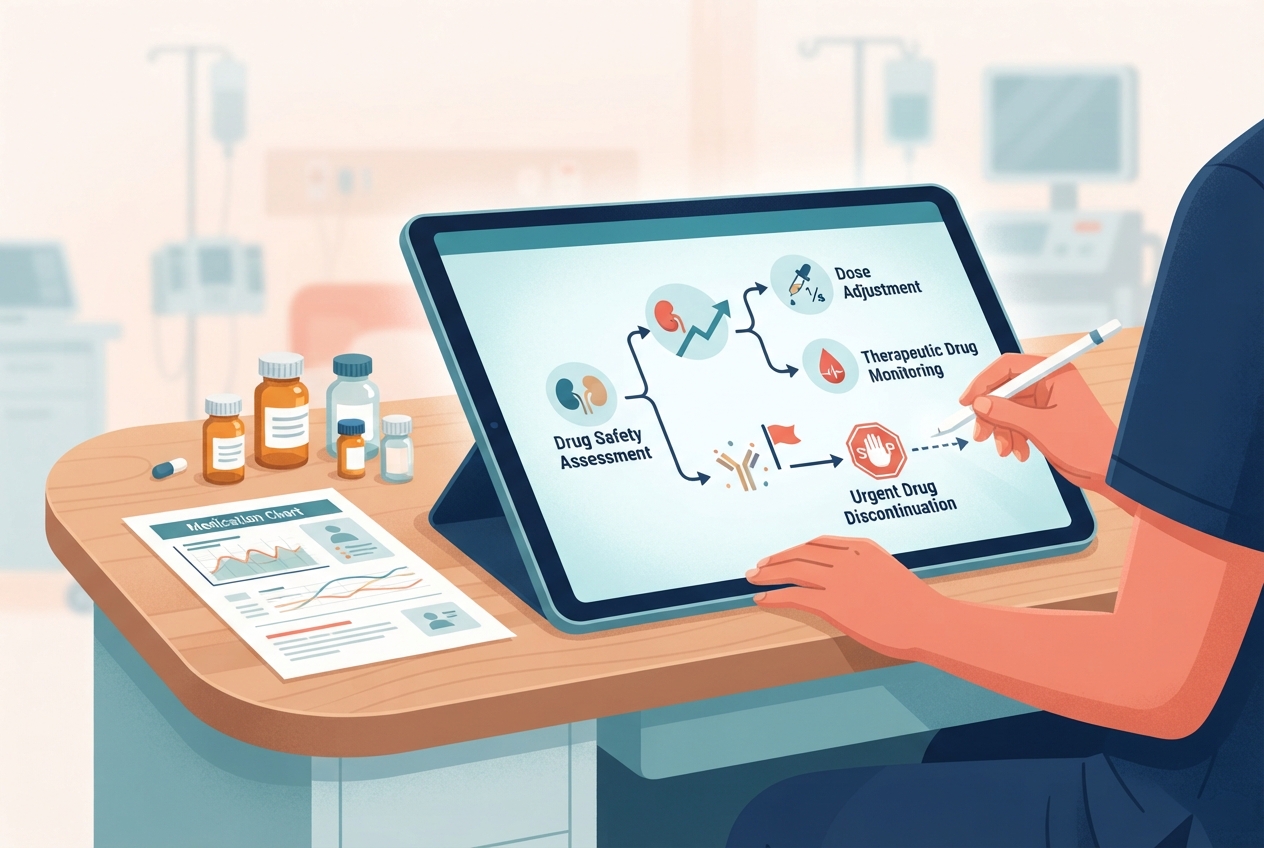 Editorial illustration of a medication-safety workstation with pill bottles, a chart, and branching pathways for evaluating adverse drug reactions.