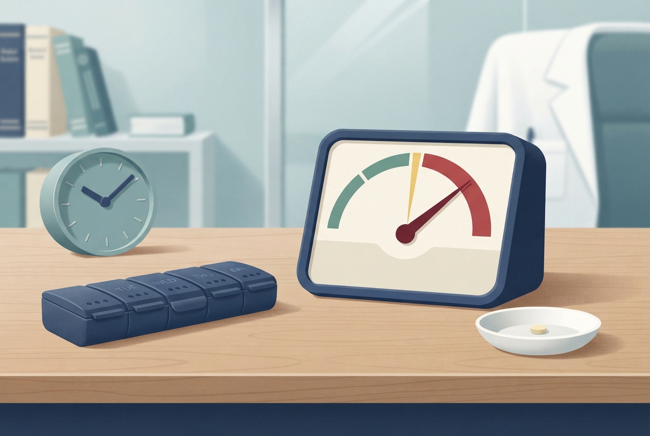Editorial illustration of a high INR management decision with an oral vitamin K tablet, warfarin organizer, and monitoring clock on a clean clinical desk.