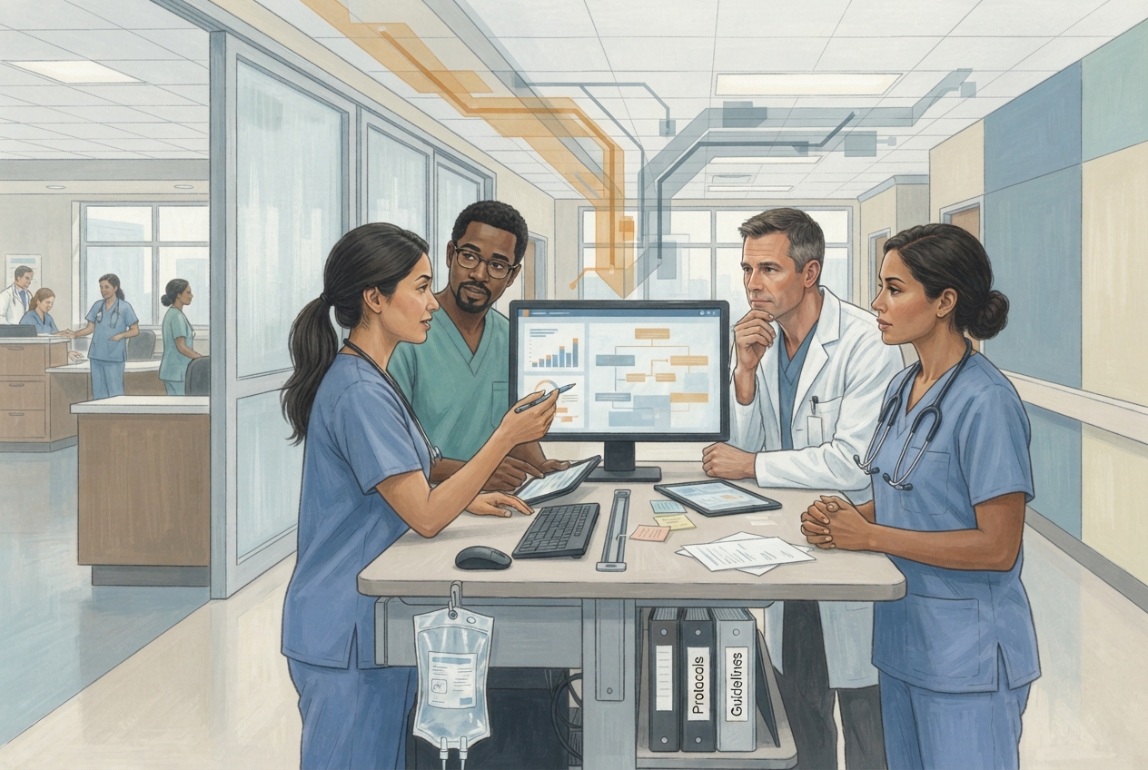 Editorial illustration of clinicians reviewing a catheter-removal safety event with emphasis on teamwork and system improvement.