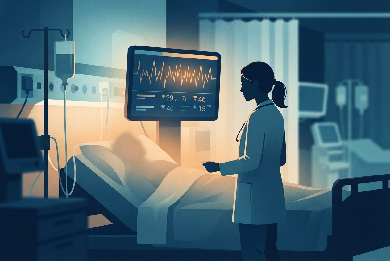 Editorial illustration of a clinician assessing an irregular cardiac rhythm on a bedside monitor in a patient with sepsis, emphasizing the distinction between arrhythmia-driven instability and systemic illness.